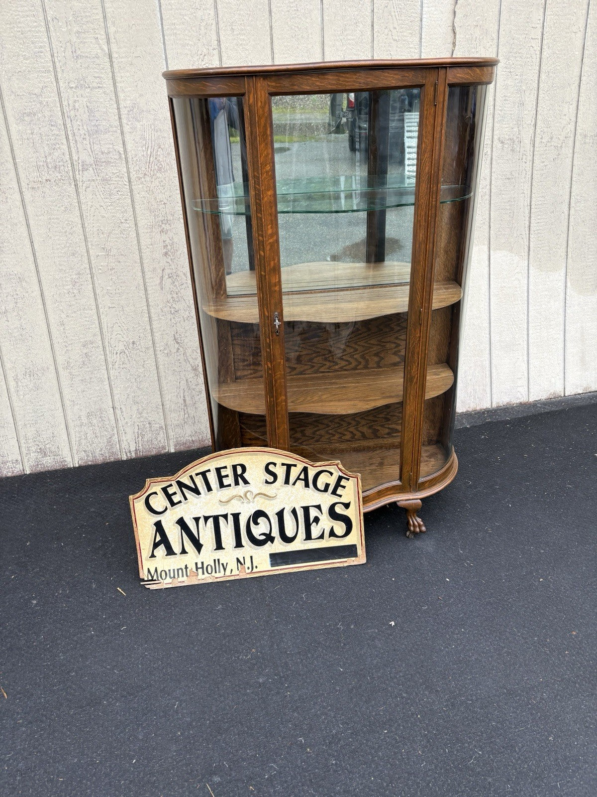 66717 Antique Victorian Oak Bow Glass Curio Cabinet + Serpentine Glass Door