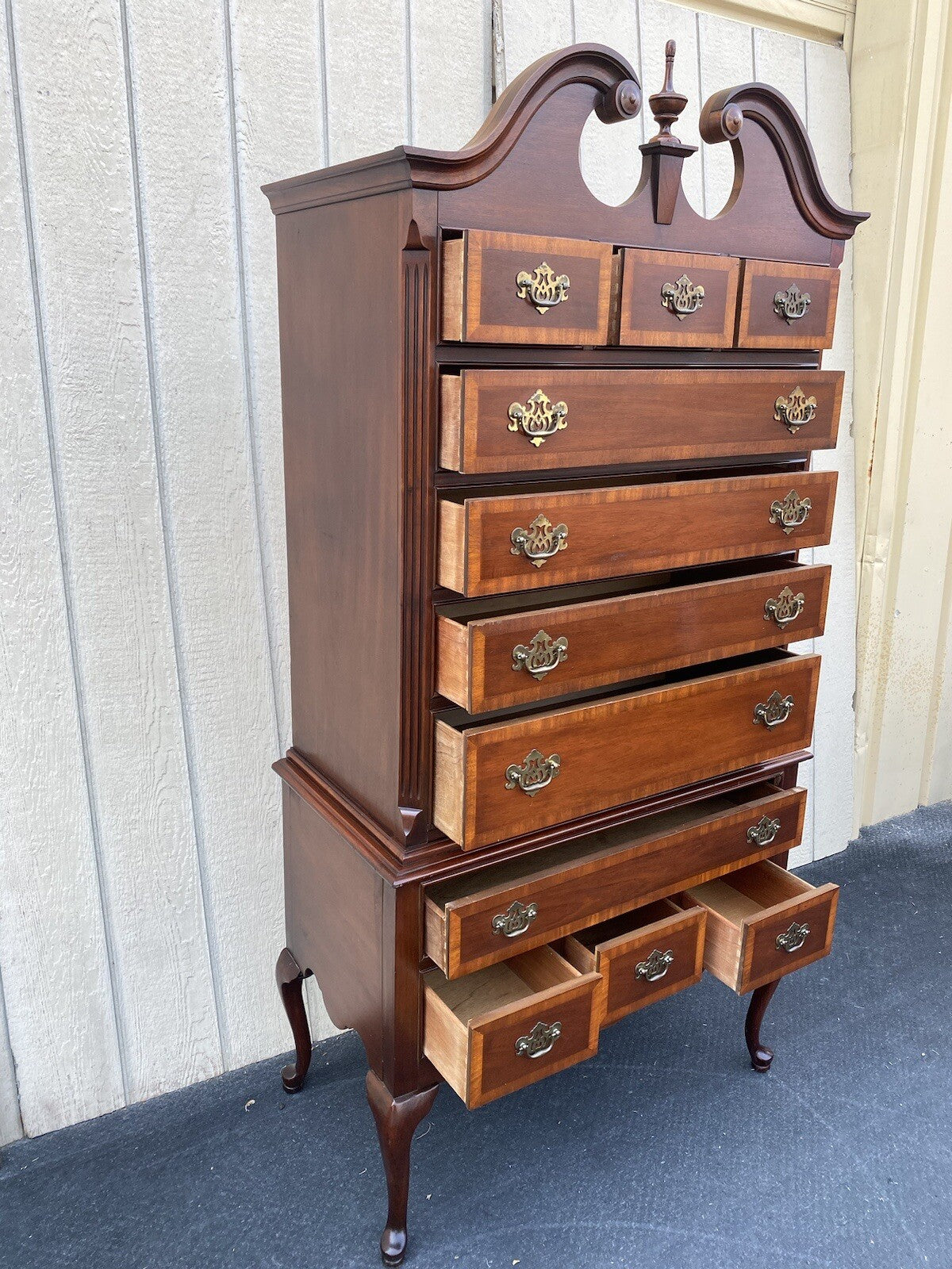 64546 Dixie Inlaid 2 Piece Banded  Mahogany Queen Anne High Boy