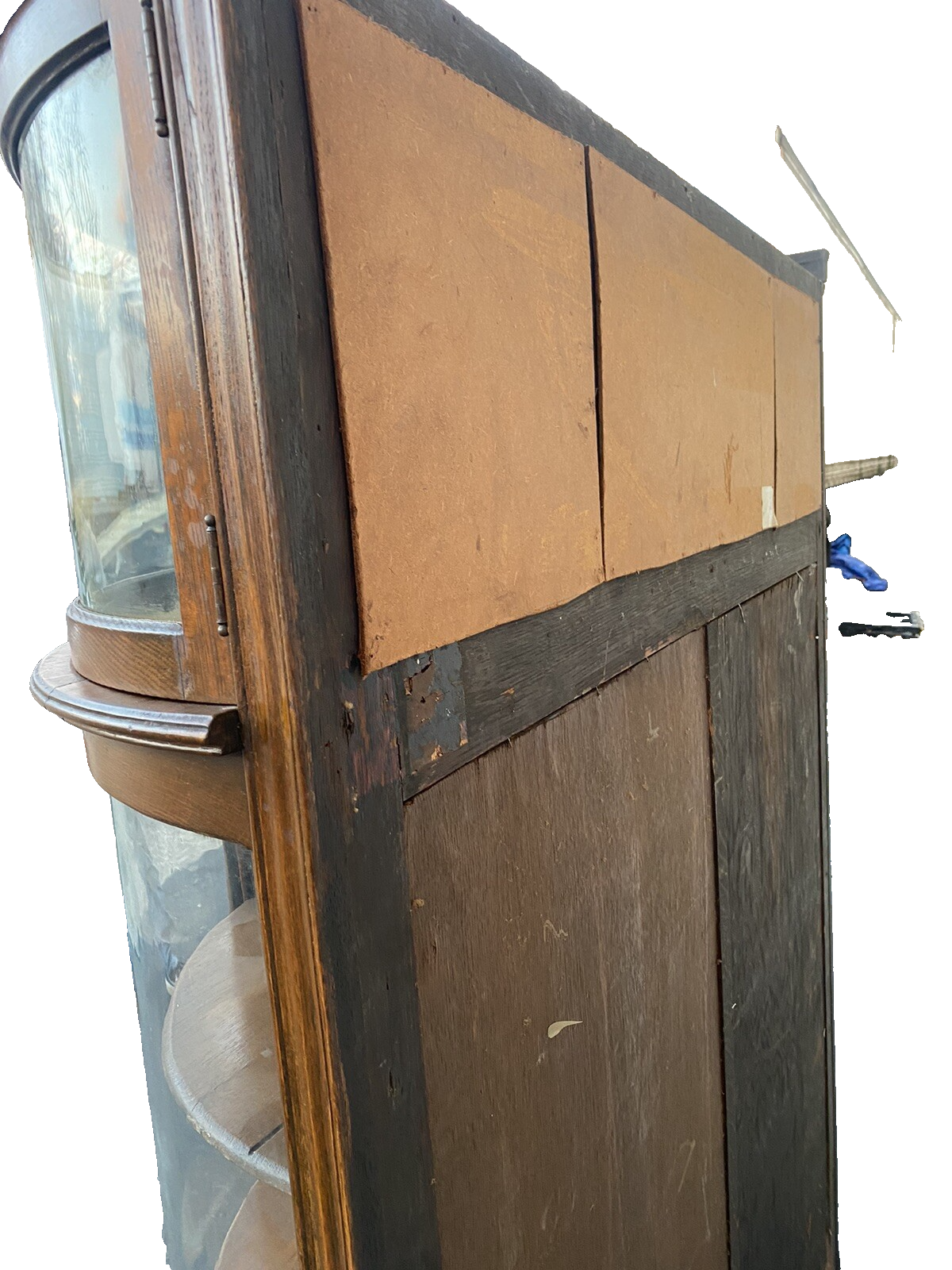 66071   Antique Victorian Hand Carved Oak Bow Glass Curio Cabinet