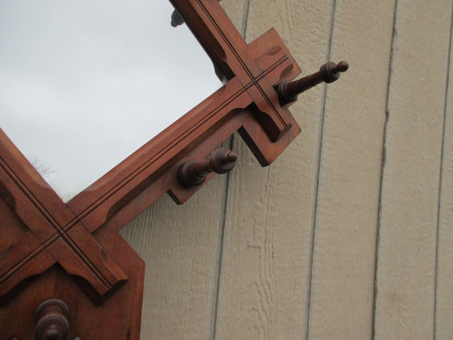 64076   Antique Victorian Walnut Hall Mirror Hat Rack Hall Mirror Umbrella Stand