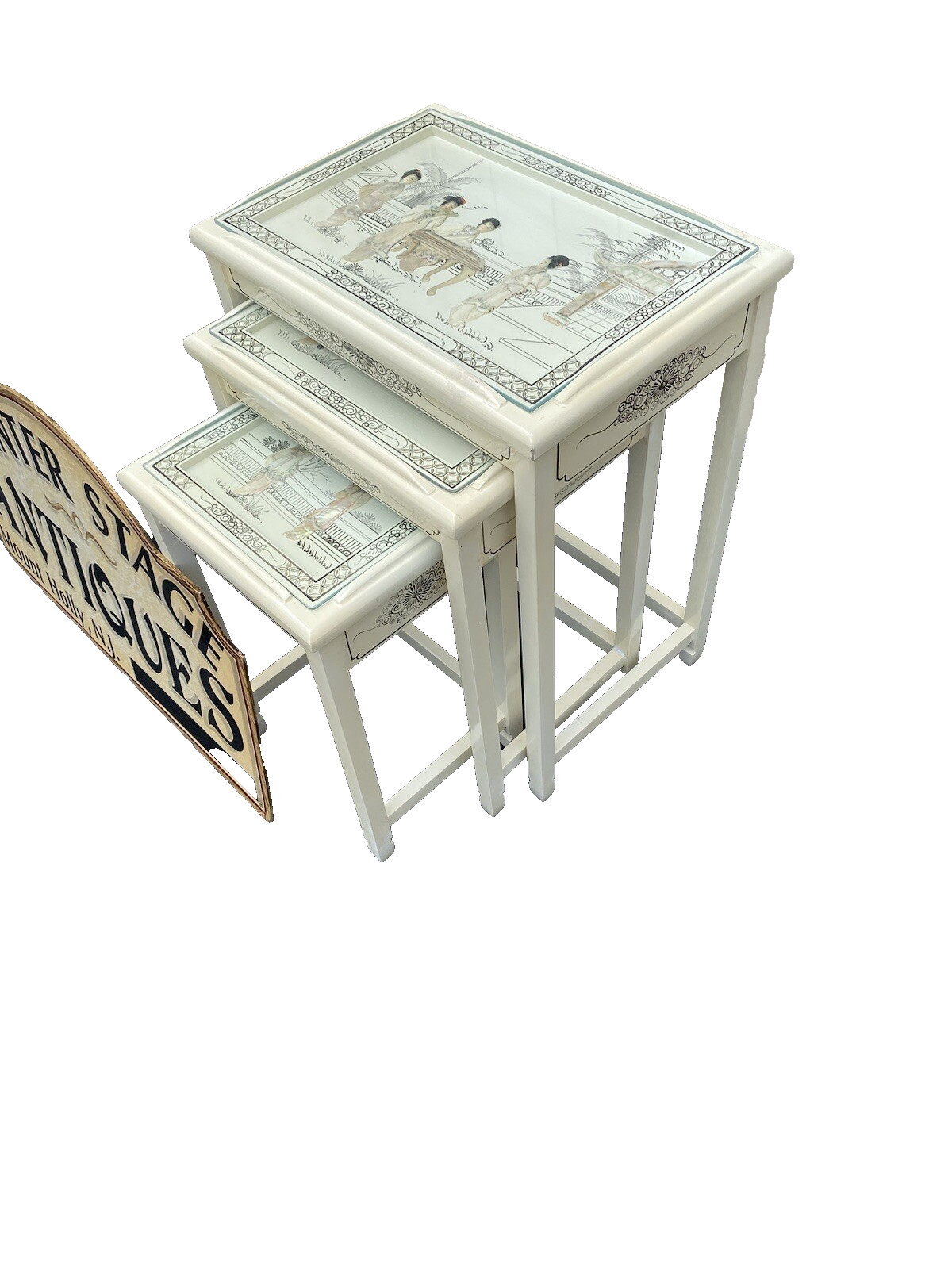 64597 Set Of 3 Oriental Decorated Nesting Stacking Tables