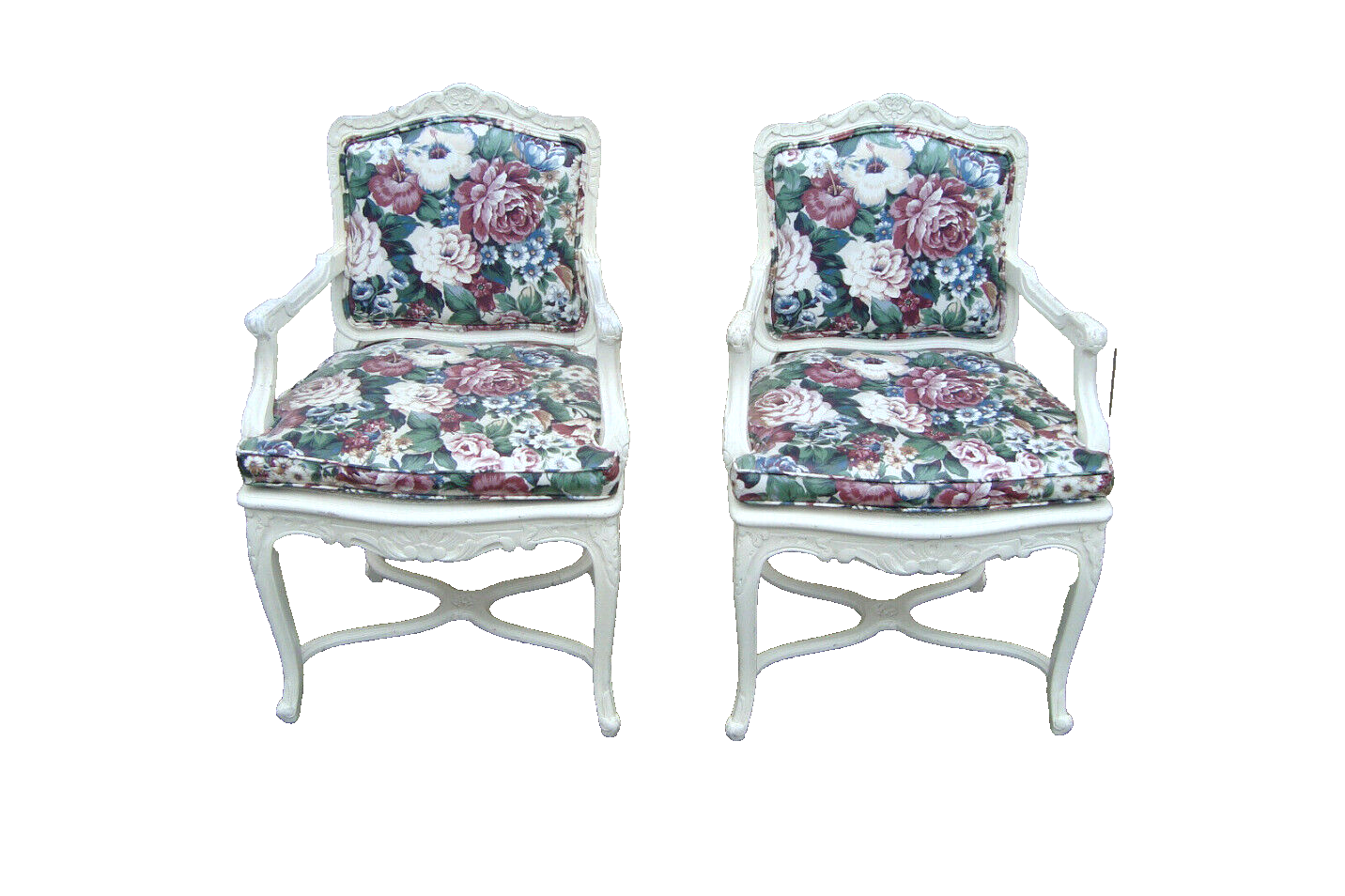 60612 PAIR of Romantic Shabby BERGERE Floral Armchairs with Factory White Finish