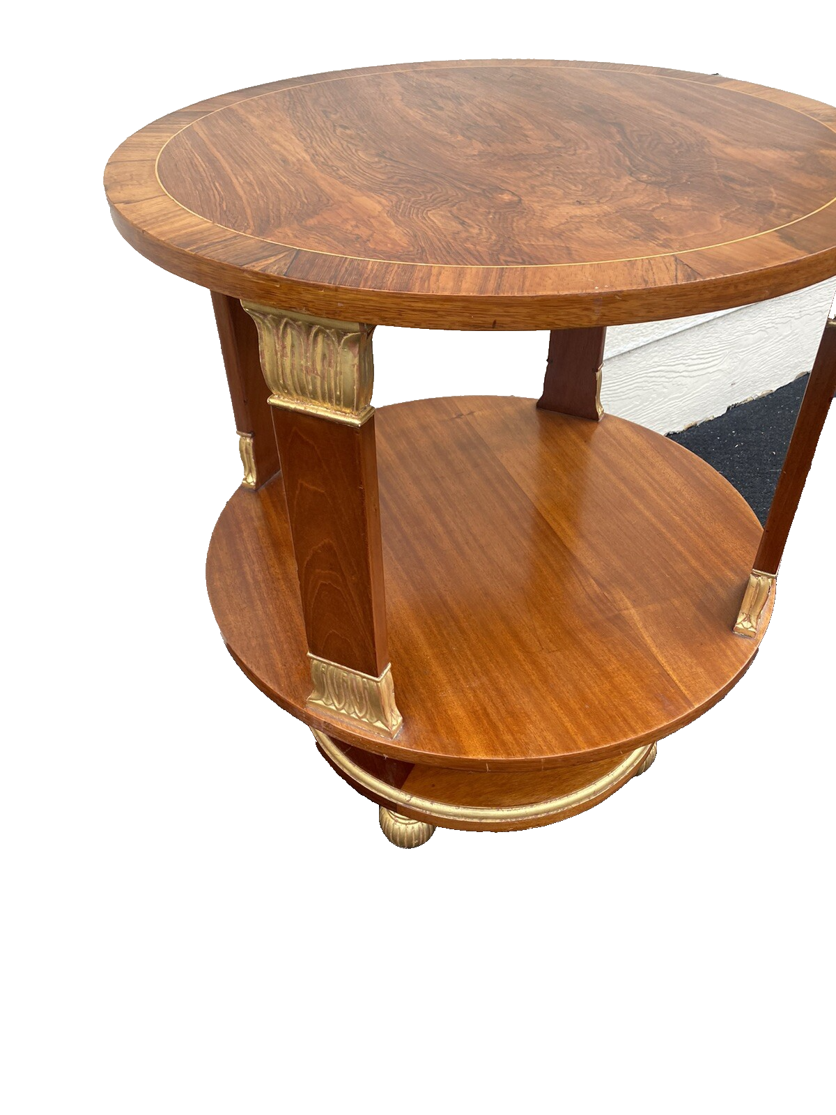 65467     Round Banded  Burled Mahogany Lamp Table Stand