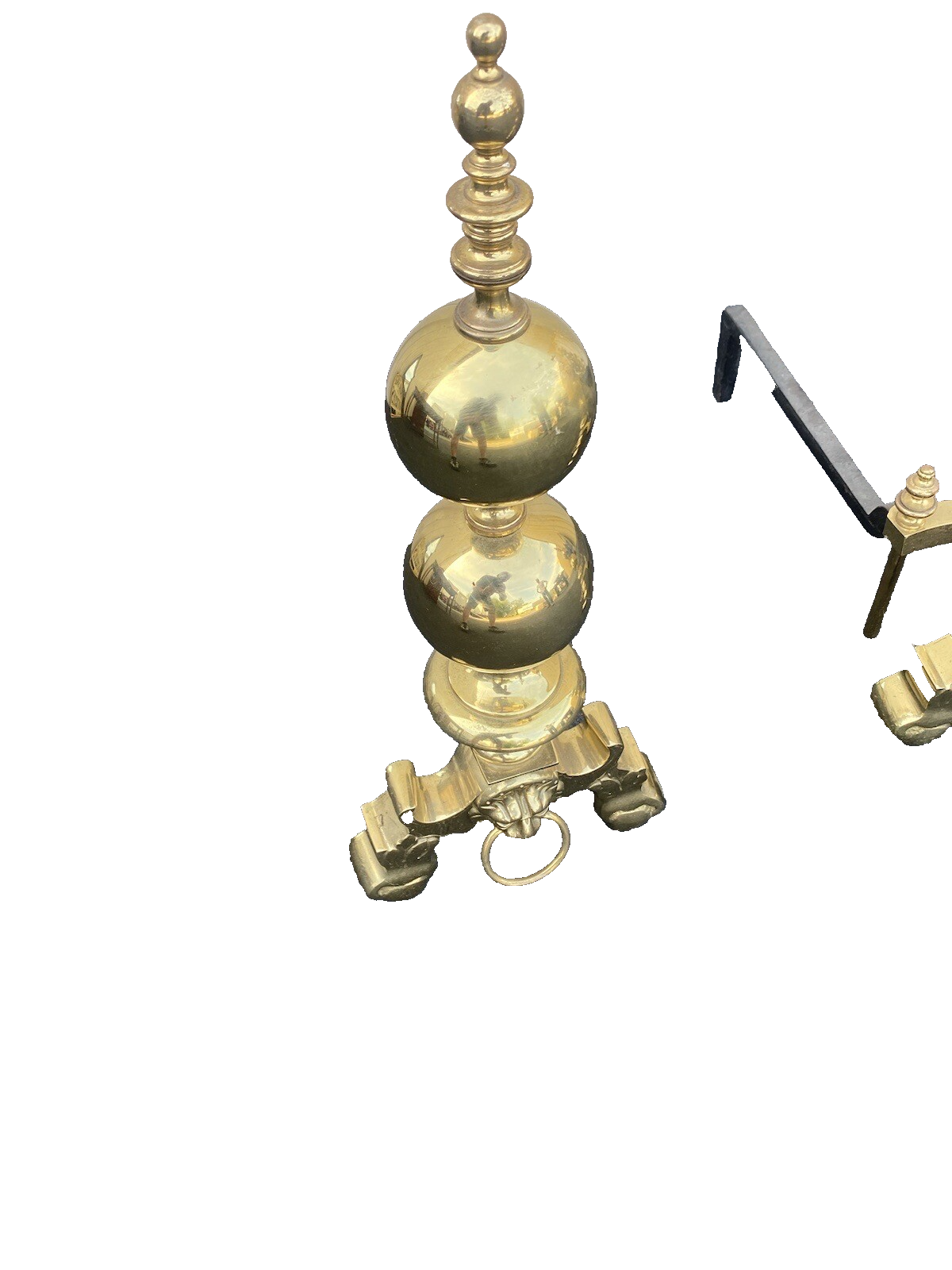 64828 Pair Heavy Polished Brass Fireplace Lion Face Fireplace Mantel Andirons