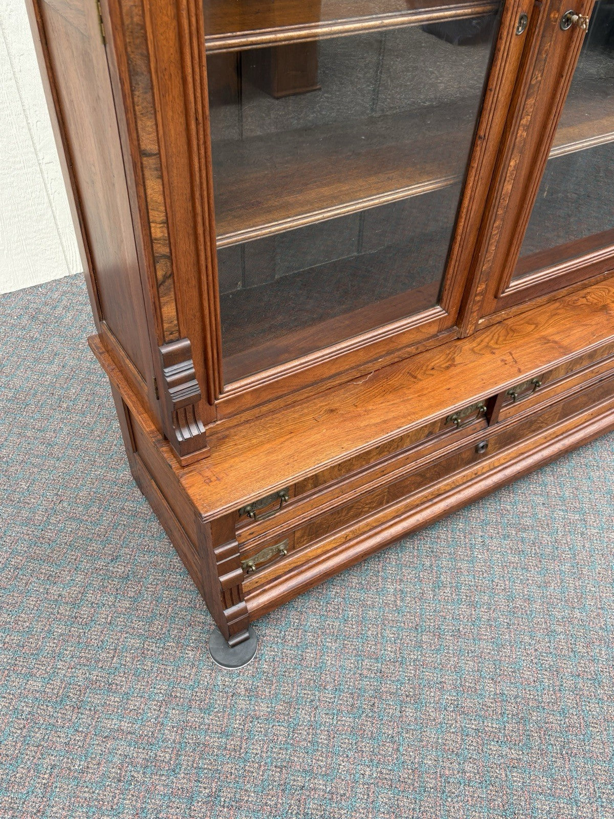 67027 Antique Walnut Victorian Bookcase Curio Cabinet
