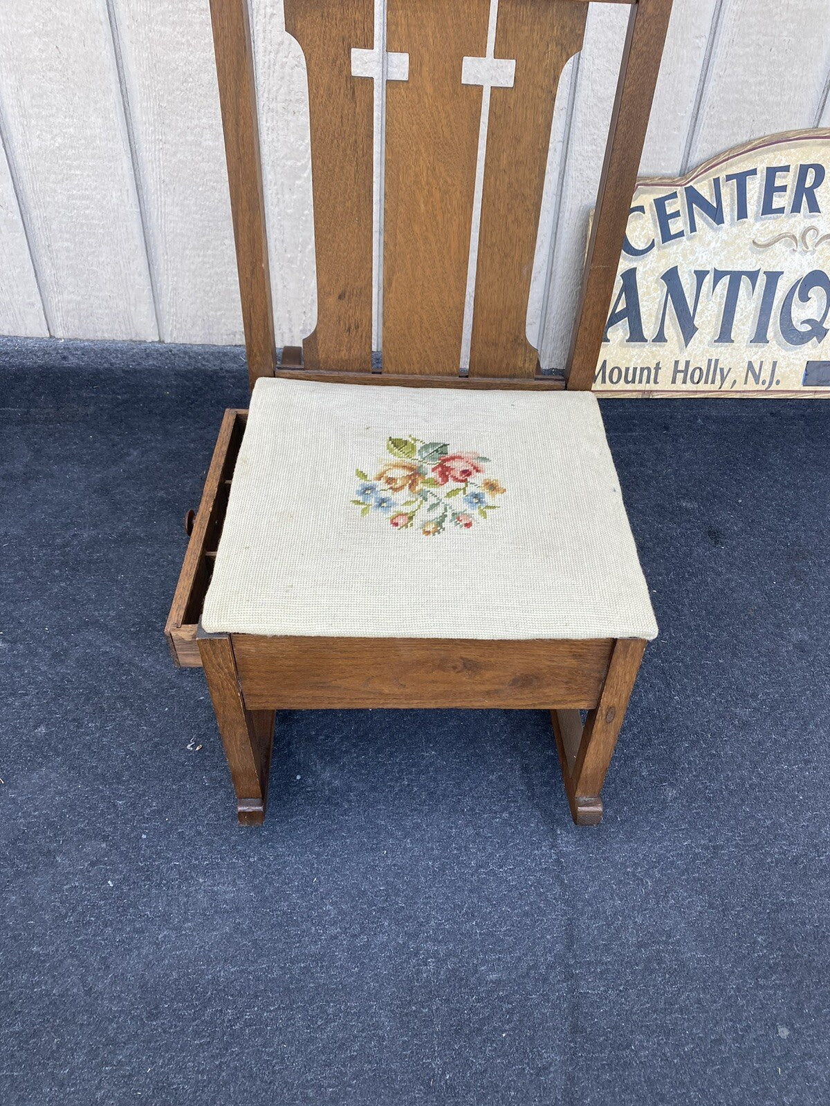 64507    Mission Oak  Rocking Rocker Chair w/ Sewing Drawer + Needlepoint seat