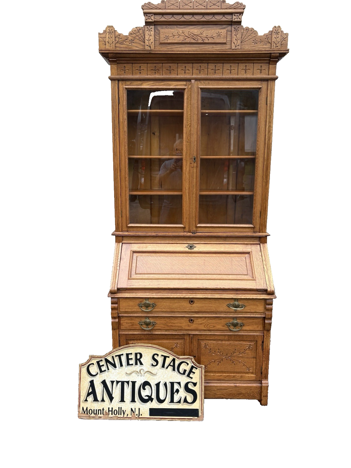 67028 Antique Victorian Oak Secretary Desk w/ Bookcase Top