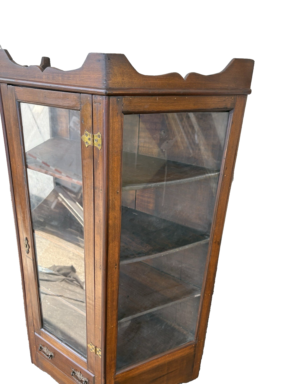 66800   Antique Victorian Walnut Whatnot Wall Curio Shelf with Drawer