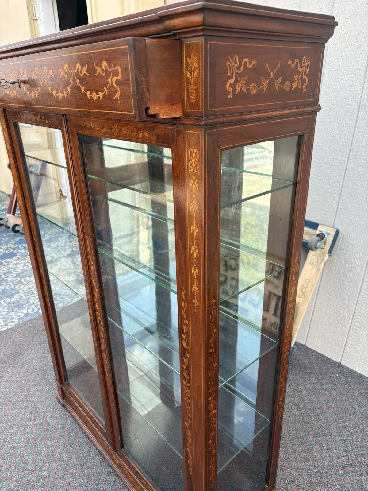 66973 Custom Hand Made Inlaid Mahogany Bookcase Curio Cabinet Etergie Drawer