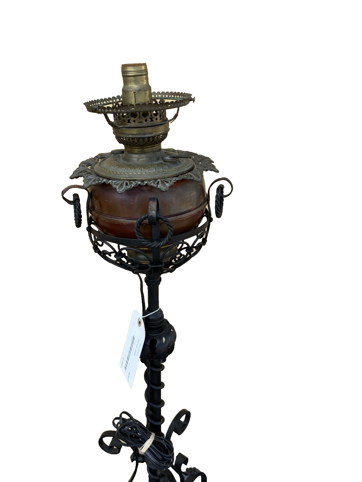 65482  Antique Victorian Piano Lamp Fancy Wrought Iron Base