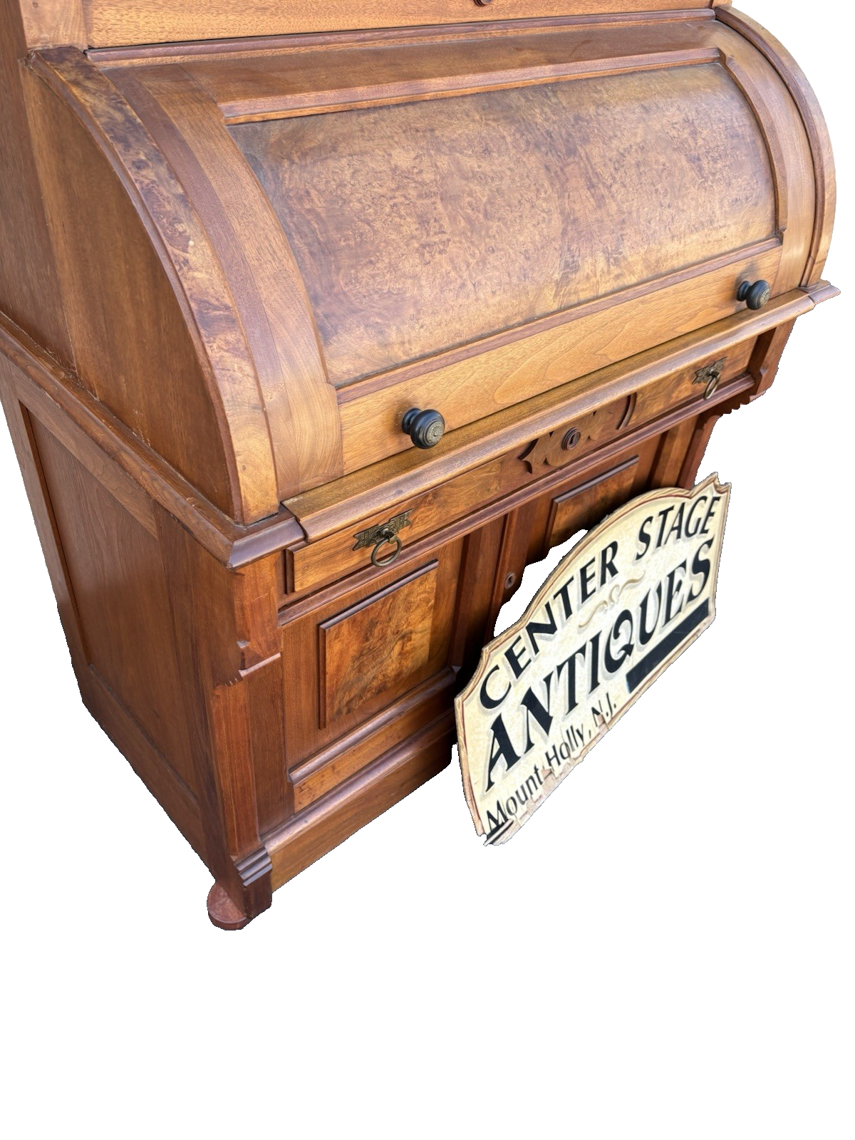 66644 Antique Victorian Walnut Cylinder Desk with Bookcase Top