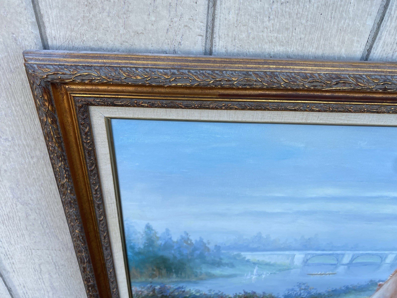 66053  Oil Painting of Lake and Bridge on Canvass  Picture Signed  S SELL DON