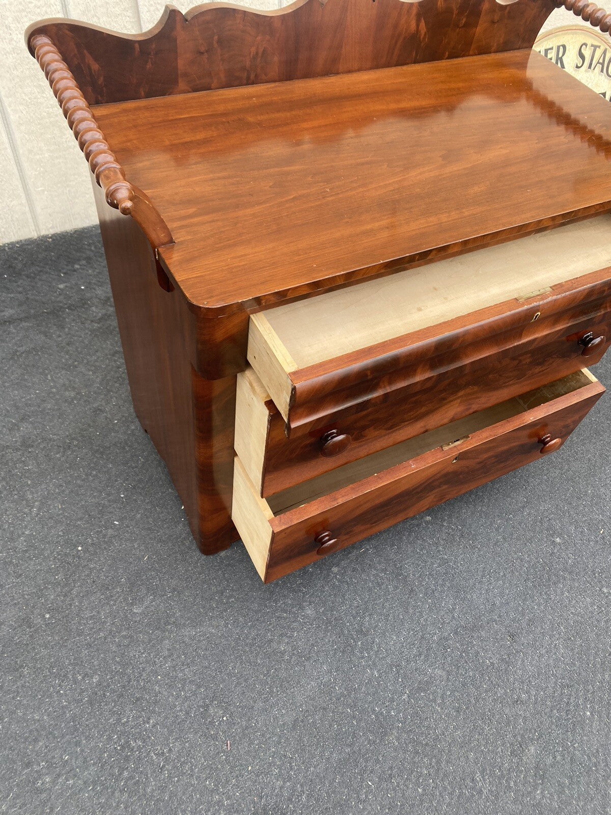 65494 Burled  Mahogany Washstand Dresser Chest With Towel Bars