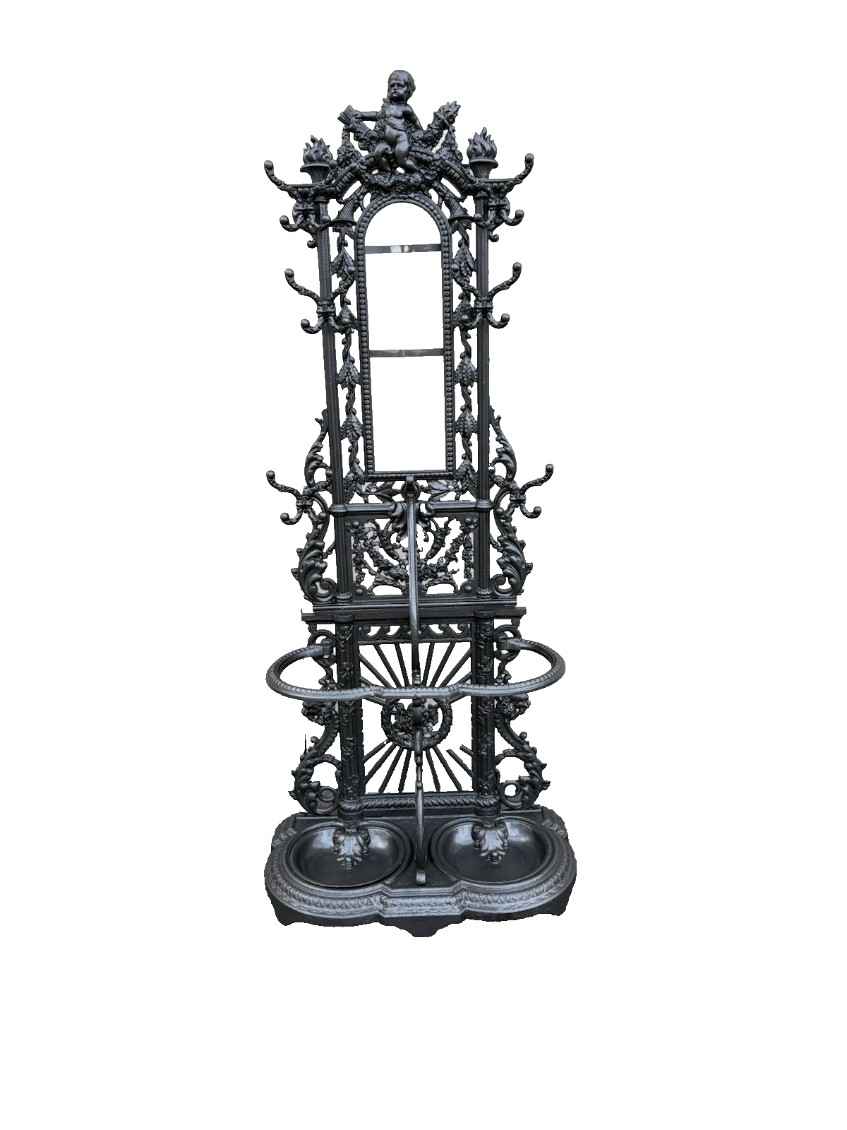 65703 Antique Victorian Cast Iron Hat Rack Halltree with Mirror Cherub and lion
