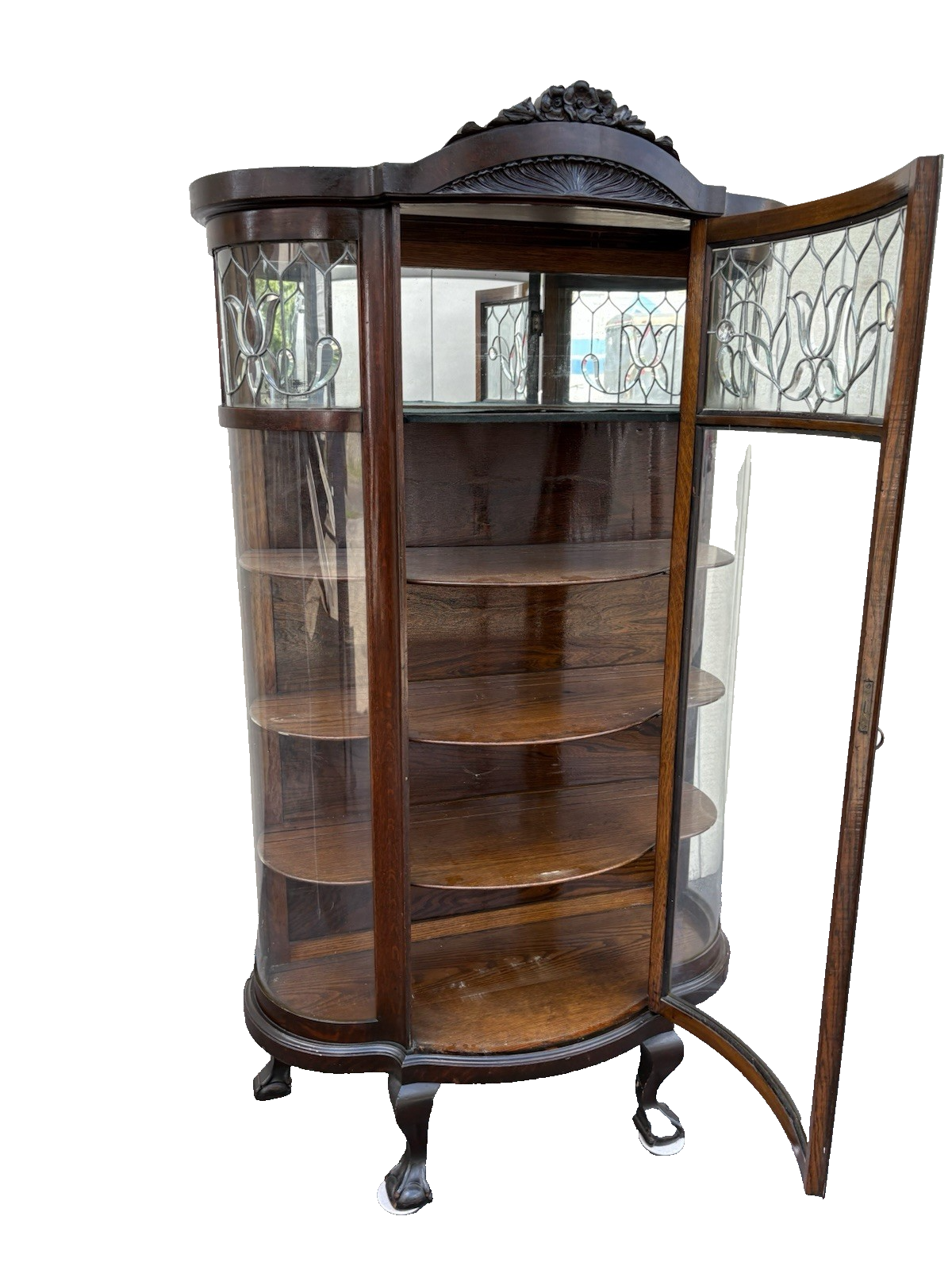 66903   Antique Victorian Oak Leaded Glass Bow Glass Curio China Cabinet
