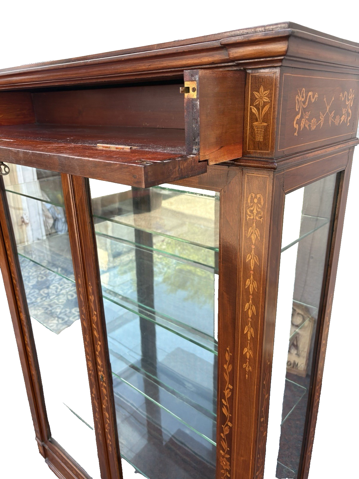66973 Custom Hand Made Inlaid Mahogany Bookcase Curio Cabinet Etergie Drawer