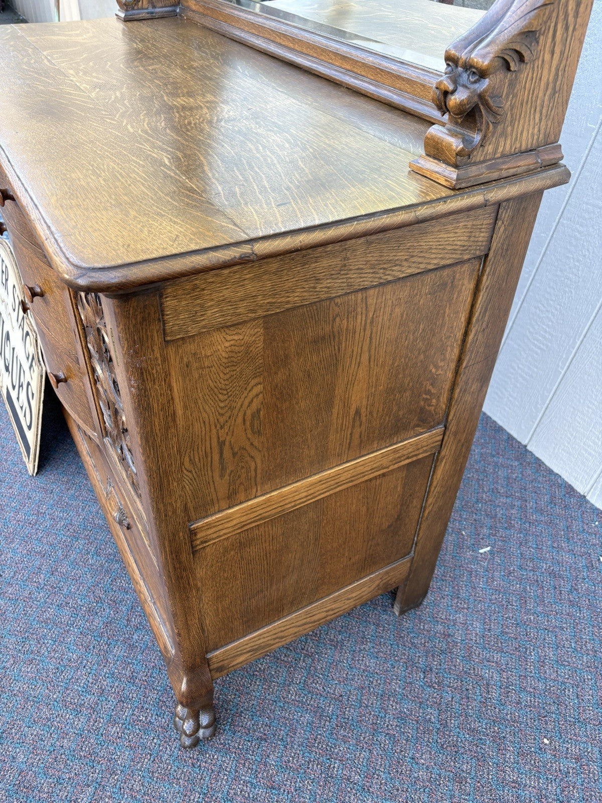 67012 Antique Victorian Oak Lion Head Buffet Sideboard Cabinet