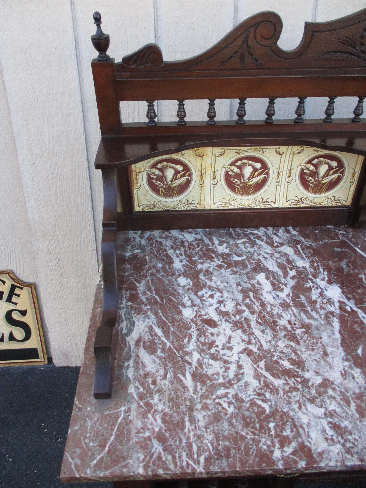 64037  Antique Victorian Marble Top Tile Back Washstand Chest Dresser