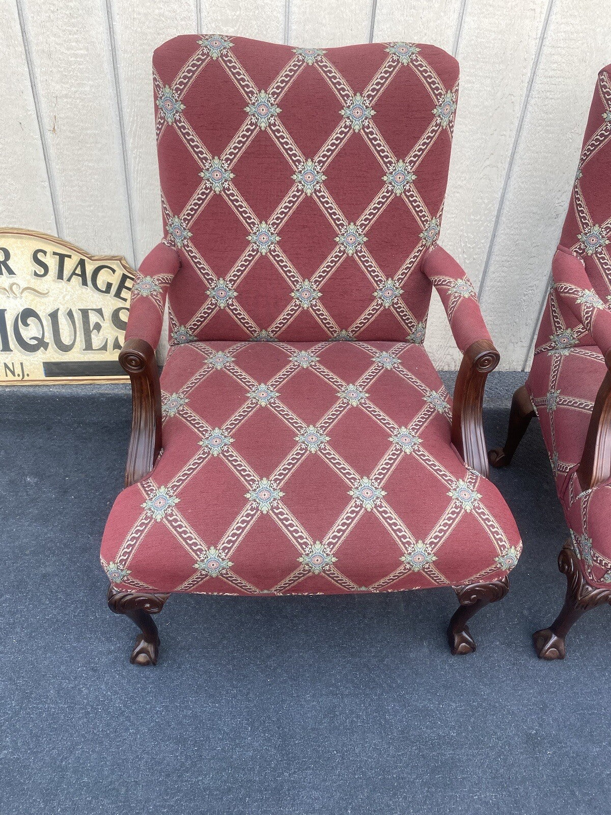 64633 Pair PARKER SOUTHERN  Ball and Claw Foot Burgundy Armchairs