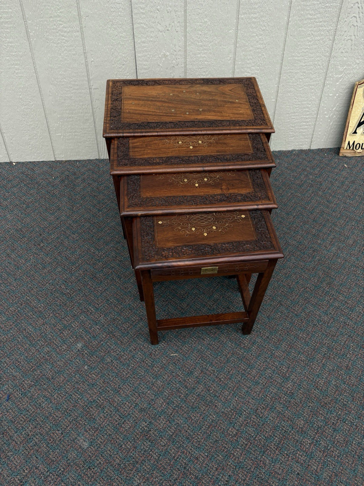 67039 Solid Mahogany Brass Inlaid Set of 4 Oriental Stacking Lamp  Table s