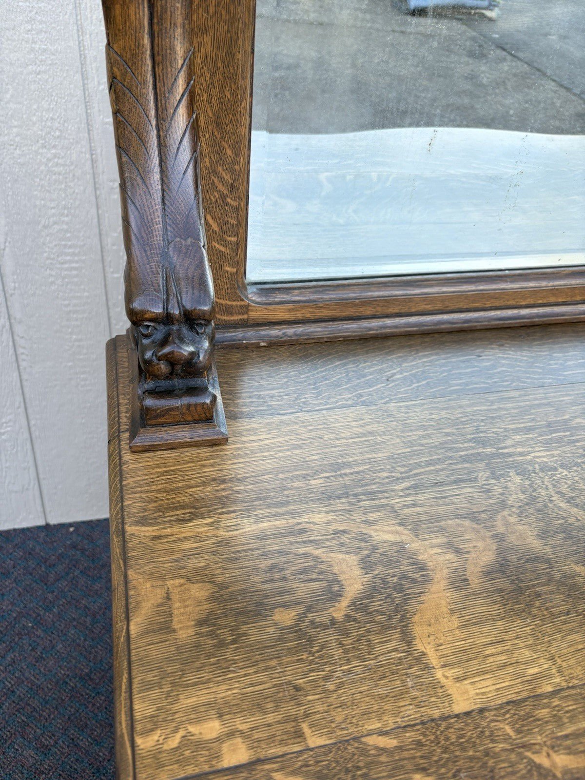 67012 Antique Victorian Oak Lion Head Buffet Sideboard Cabinet