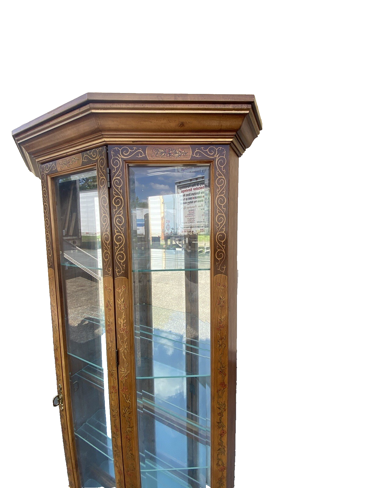 64593 Pulaski Stenciled Lighted Curio Cabinet With Plate Glass Shelves + Light