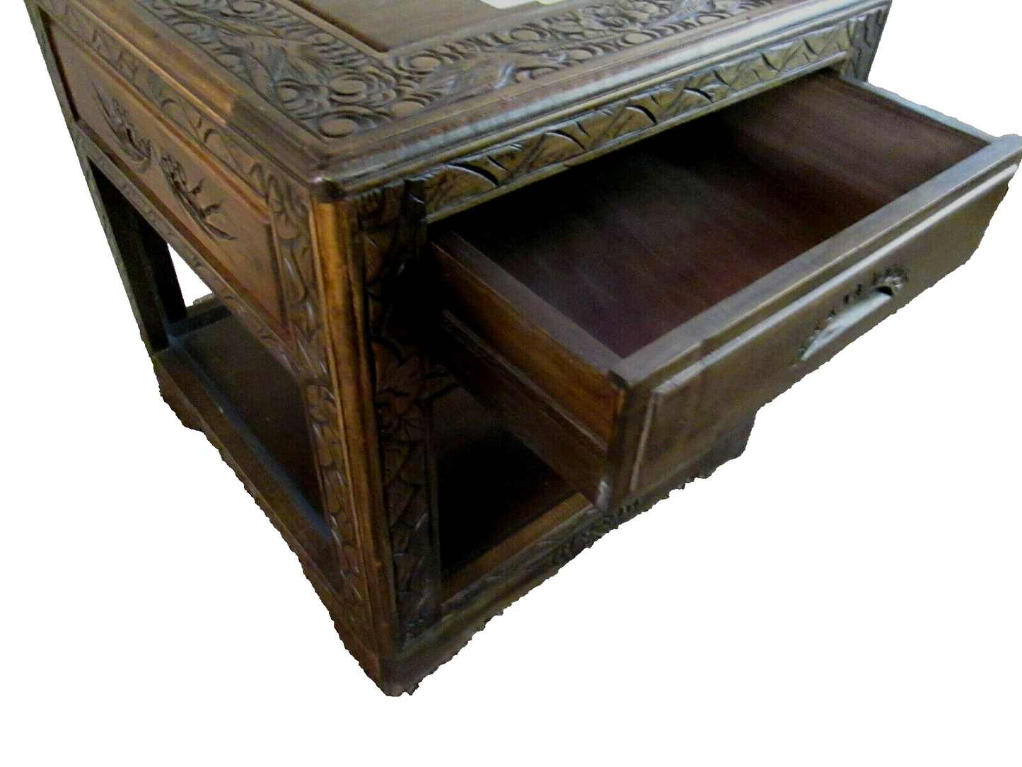 54174 CARVED ORIENTAL TABLE WITH DRAWER Bird carvings