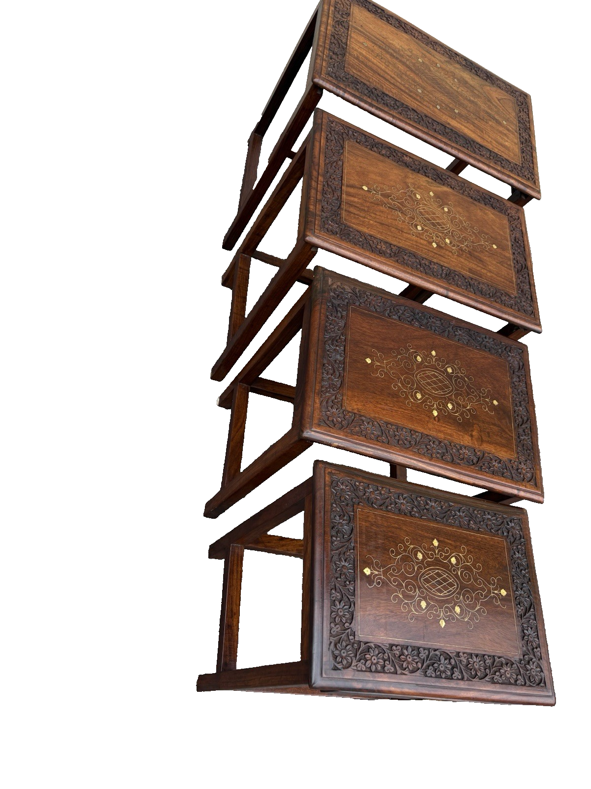 67039 Solid Mahogany Brass Inlaid Set of 4 Oriental Stacking Lamp  Table s