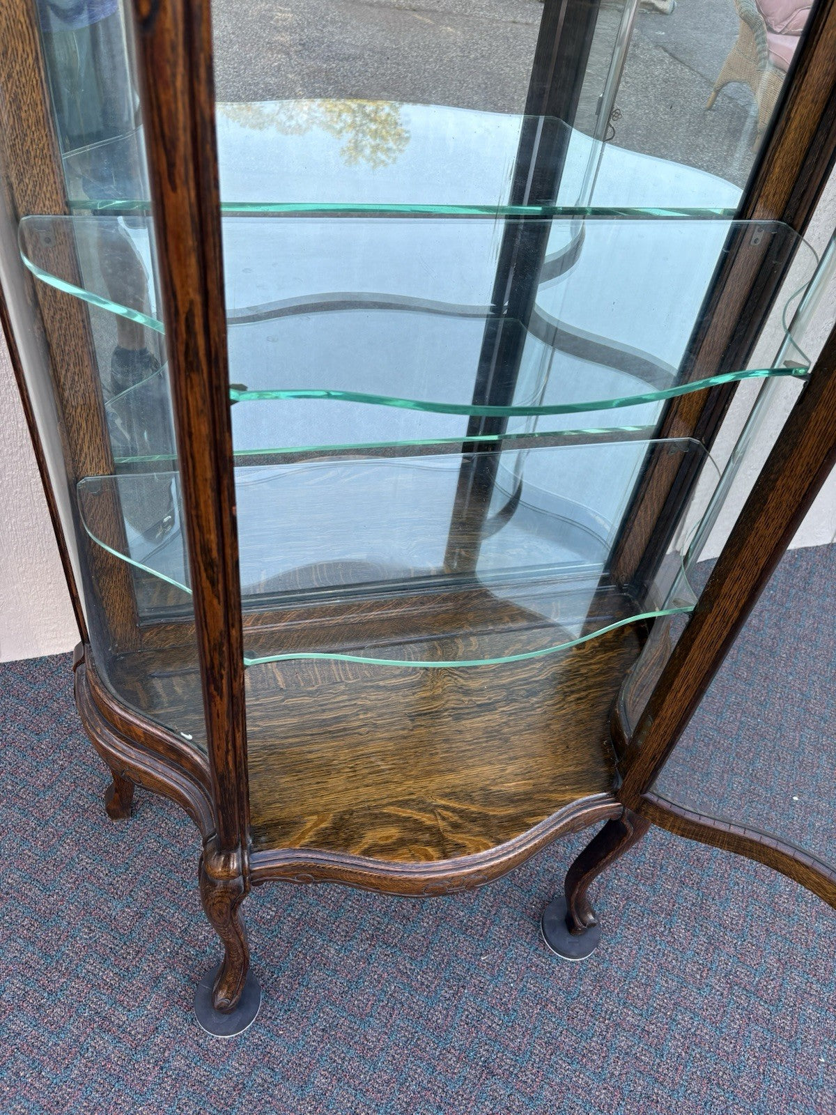 67008 Antique Victorian Oak Serpentine Glass Curio China Cabinet