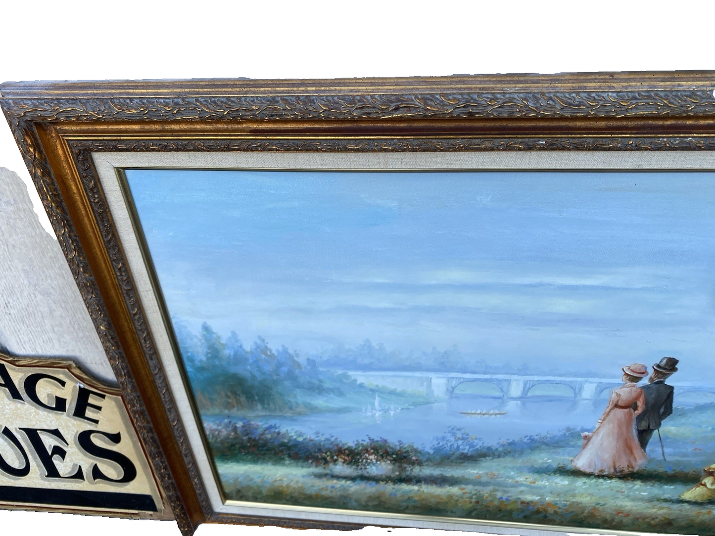 66053  Oil Painting of Lake and Bridge on Canvass  Picture Signed  S SELL DON