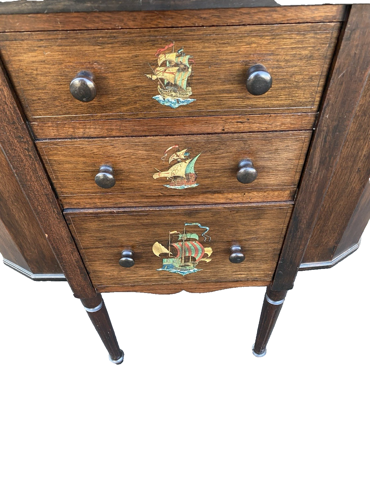 66476 Antique Mahogany Sewing Stand Hand Painted Parrot and Ship Designs