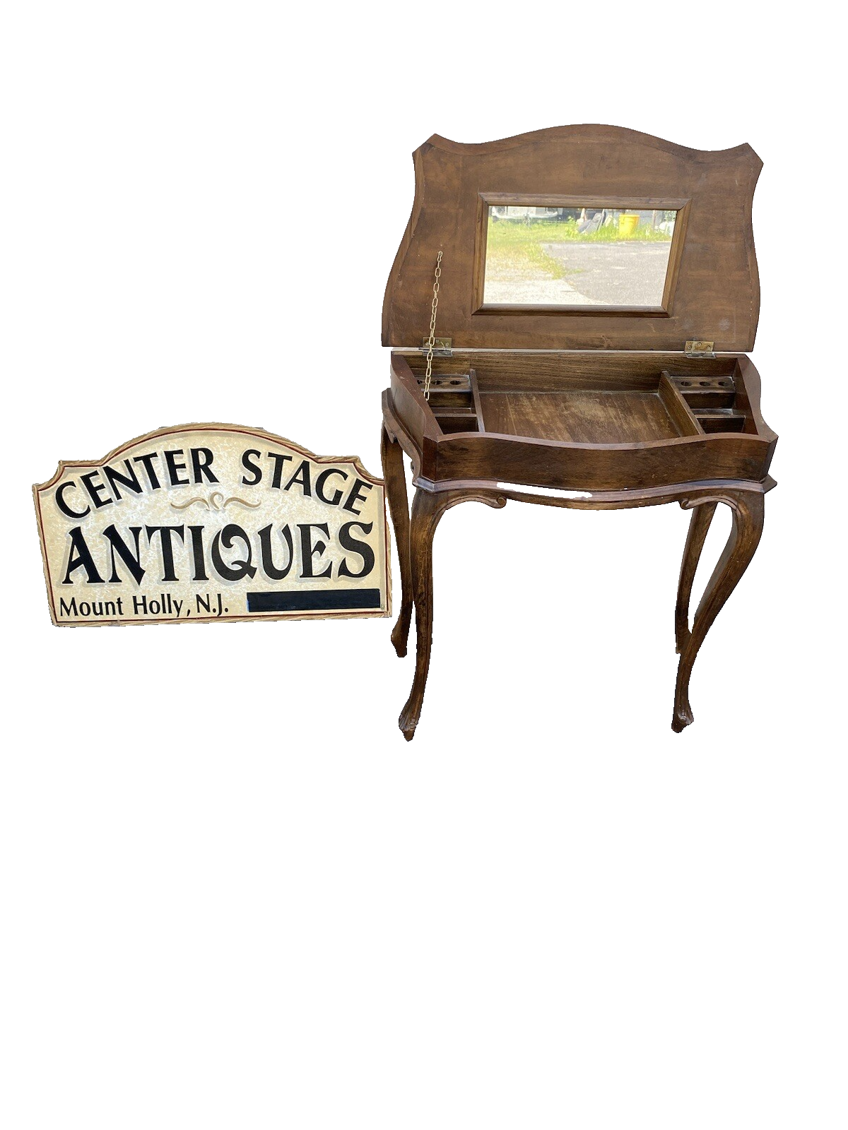 64699 Mahogany Flip Top Sewing Stand Vanity Desk Tooled Top