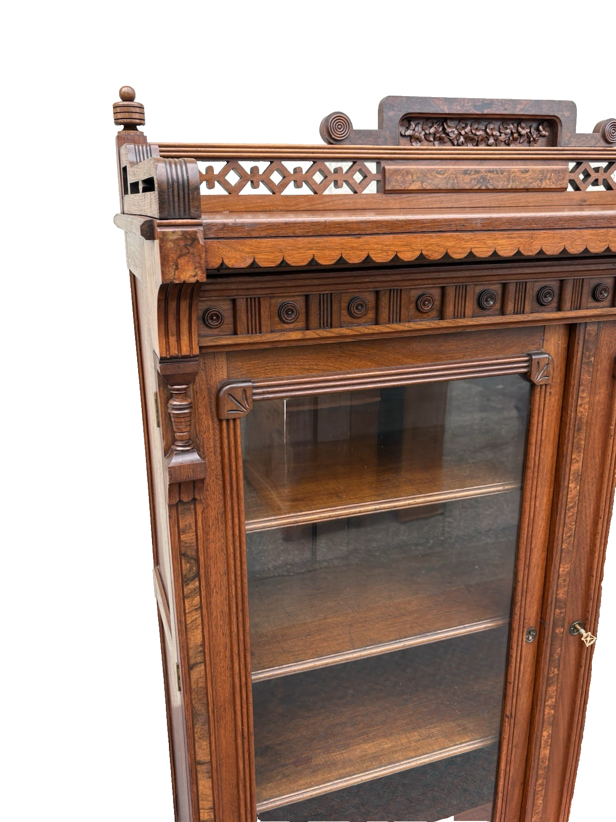 67027 Antique Walnut Victorian Bookcase Curio Cabinet