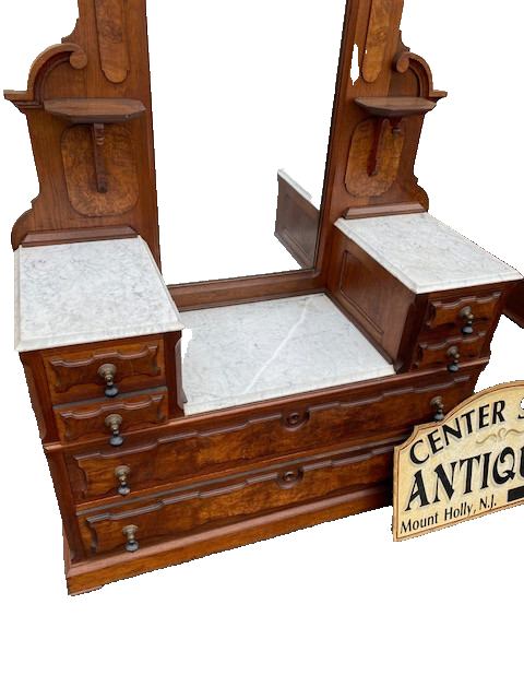 63933   Antique Victorian Walnut  2 pc Marble Top Bedroom Set Bed Dresser w/ Mir