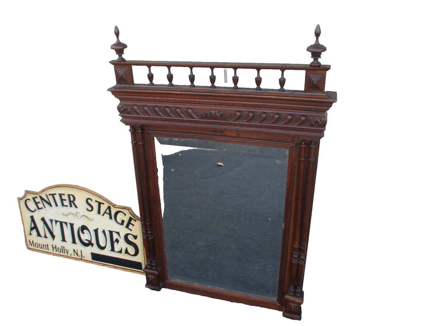63871   Antique Oak French Hand Carved Beveled Mirror