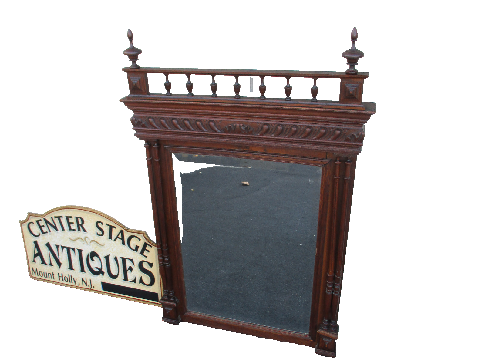 63871   Antique Oak French Hand Carved Beveled Mirror