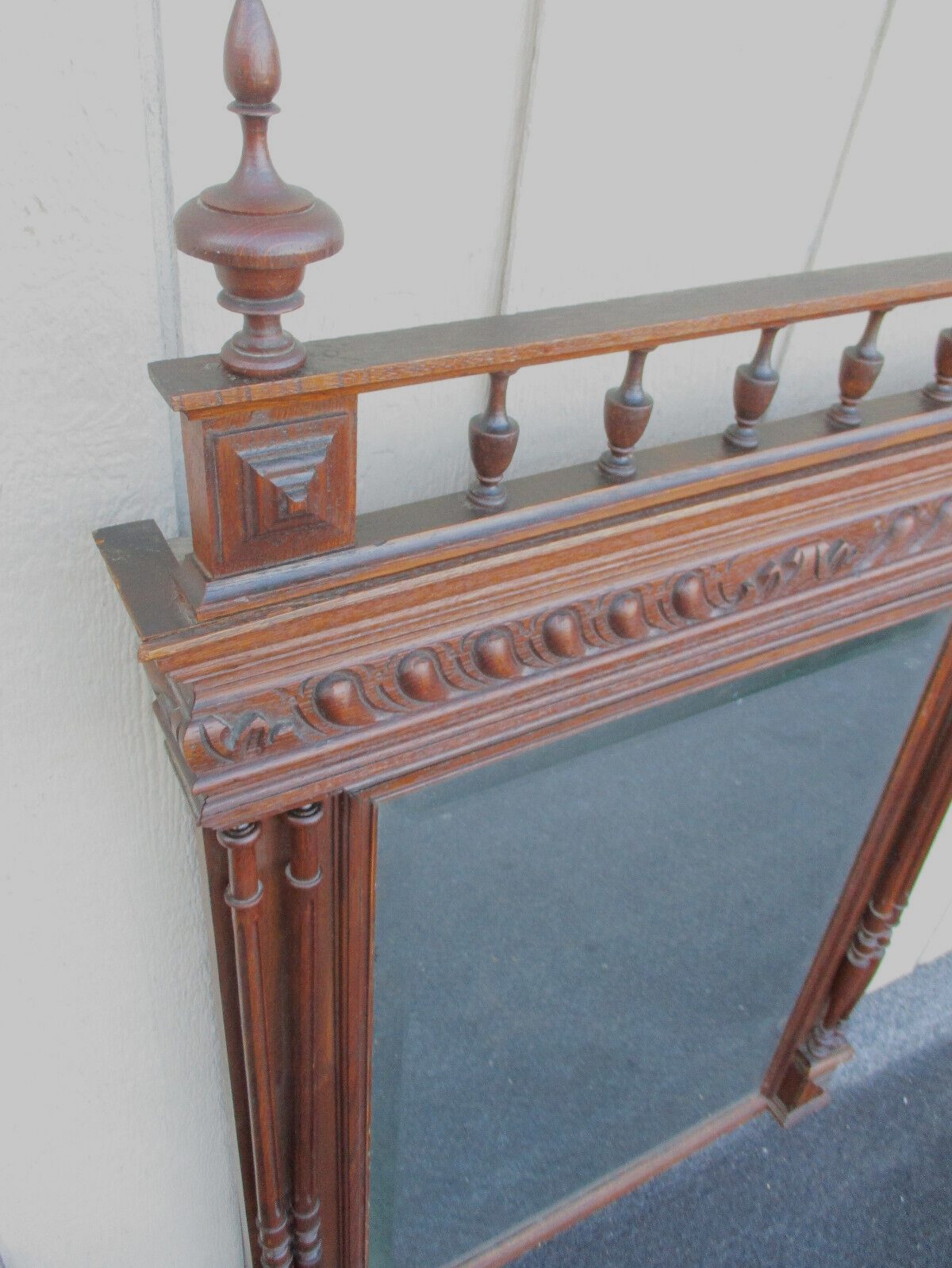 63871   Antique Oak French Hand Carved Beveled Mirror