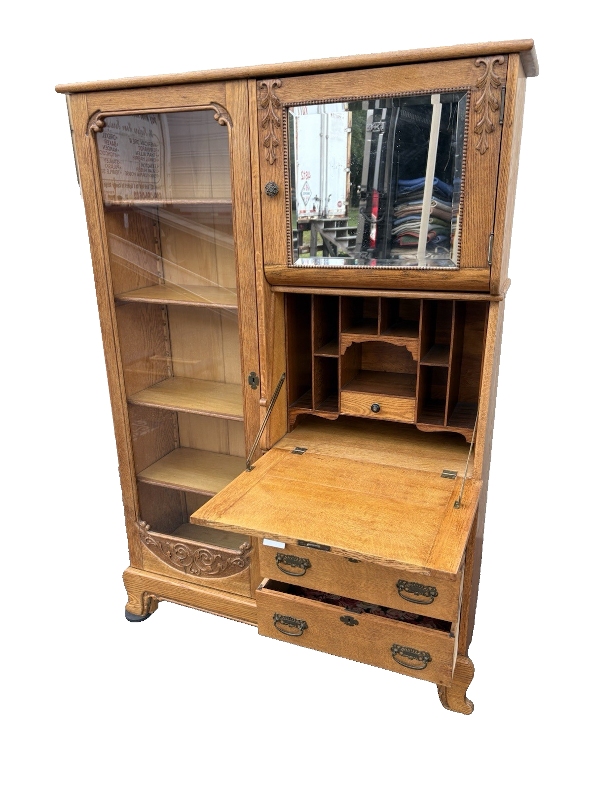 66904 Antique Victorian Oak Side By Side Bookcase Desk