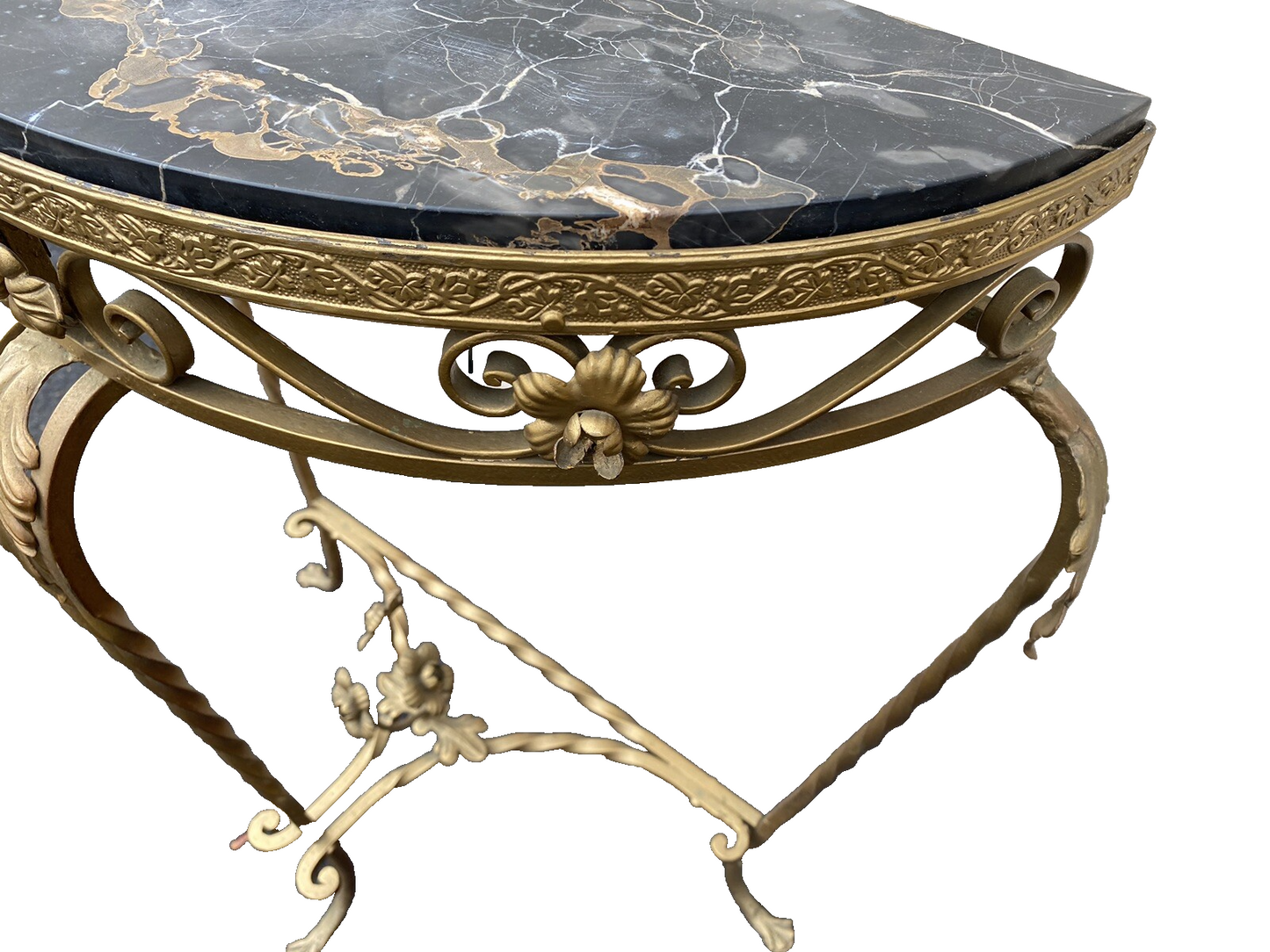 65634    Marble Top Decorator Iron Demilune Console Table Stand