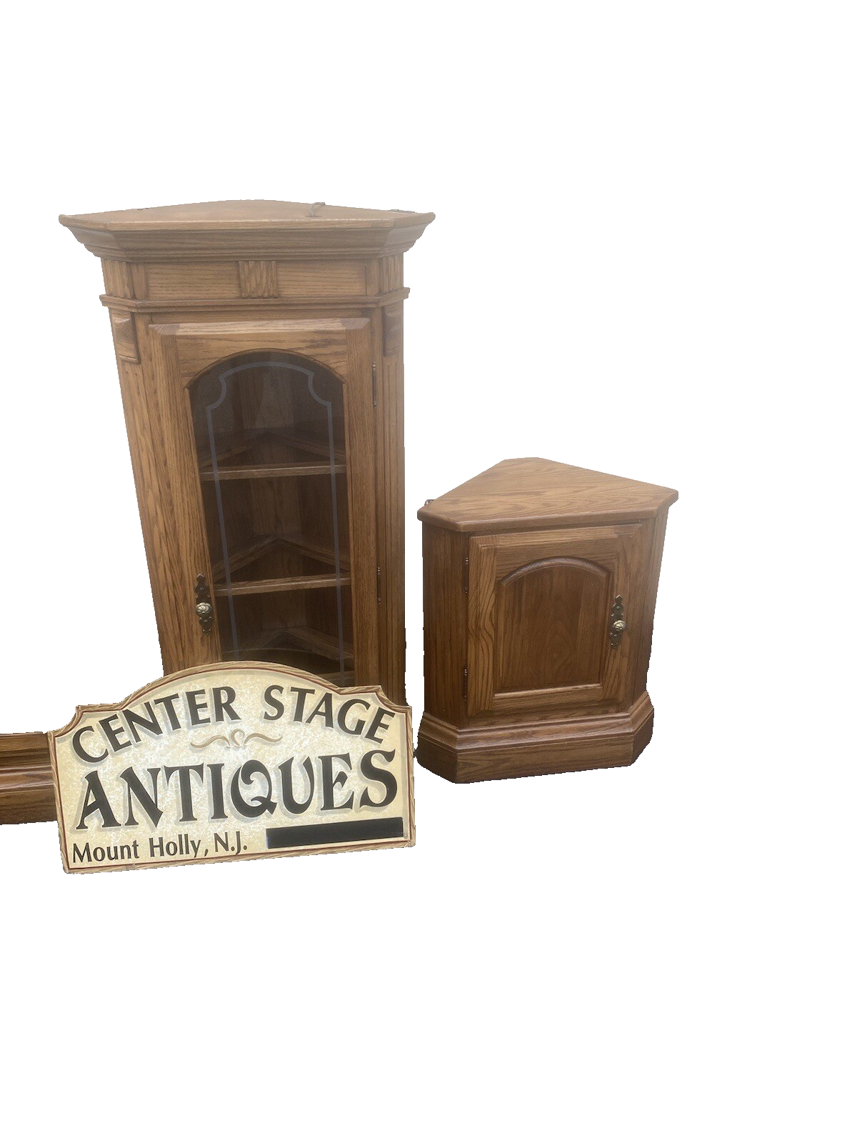 64573  PAIR Oak Corner Cabinet Curio s  With 3 wood and glass shelves each