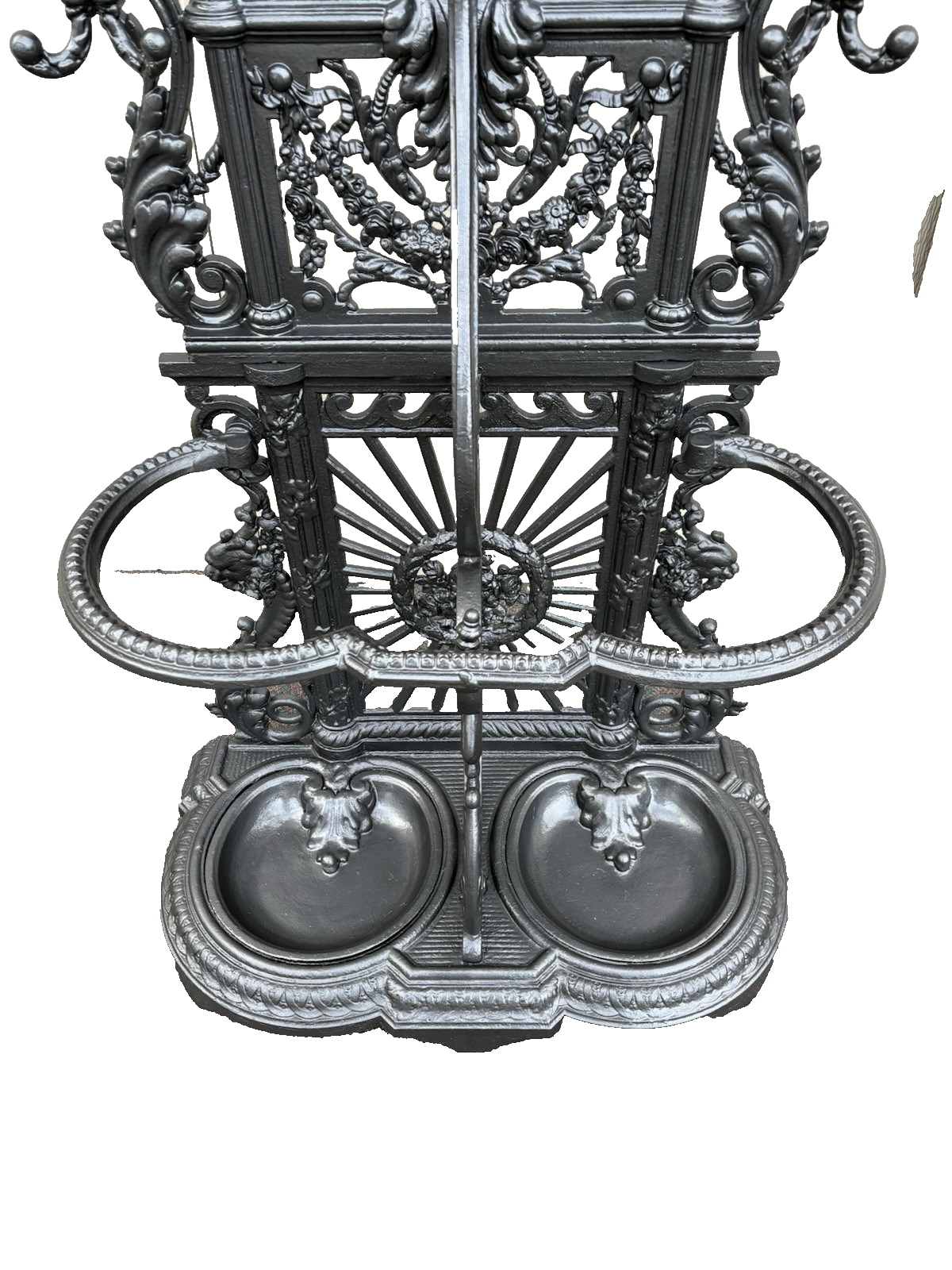 65703 Antique Victorian Cast Iron Hat Rack Halltree with Mirror Cherub and lion