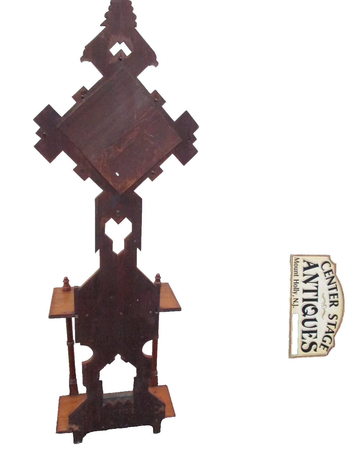 64076   Antique Victorian Walnut Hall Mirror Hat Rack Hall Mirror Umbrella Stand
