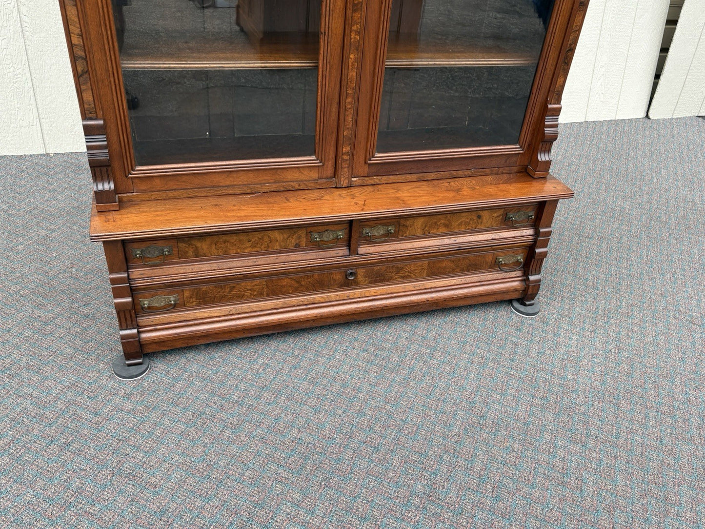 67027 Antique Walnut Victorian Bookcase Curio Cabinet