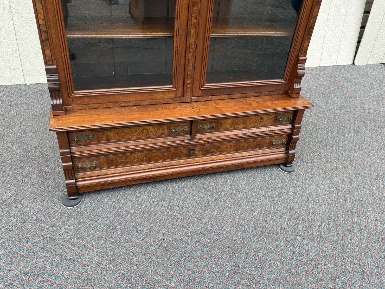 67027 Antique Walnut Victorian Bookcase Curio Cabinet