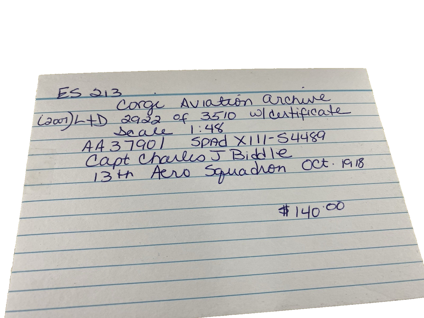 ES 243 Corgi Aviation AA37901 SPAD XIII - S4489 Airplane Plane