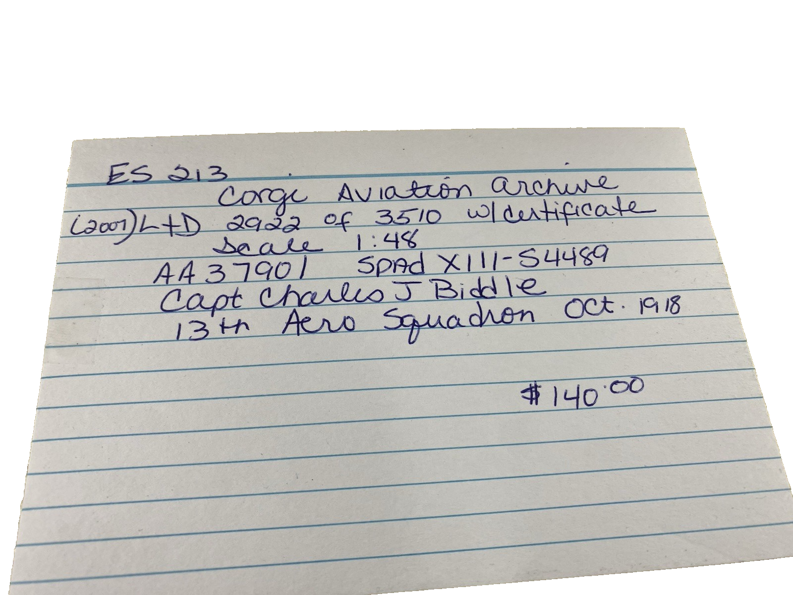 ES 243 Corgi Aviation AA37901 SPAD XIII - S4489 Airplane Plane