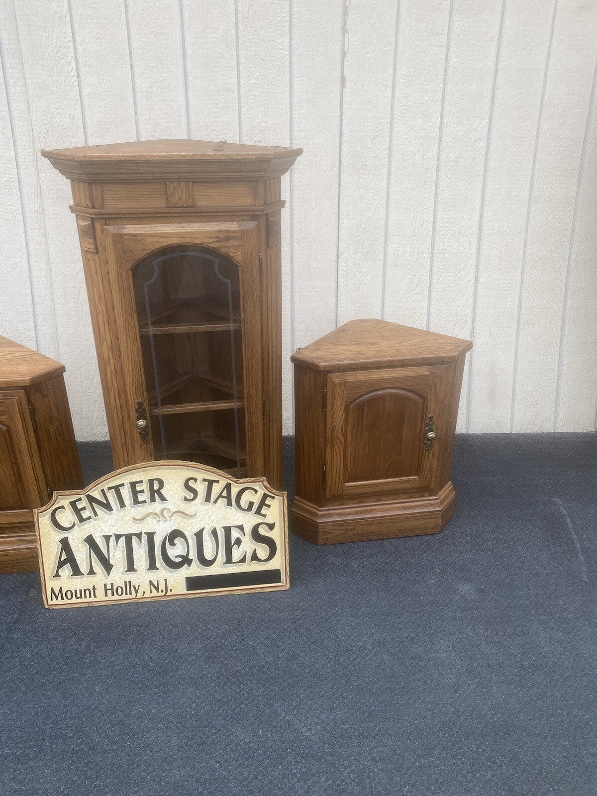 64573 PAIR   Oak Corner Cabinet Curio s With 3 wood and glass shelves each