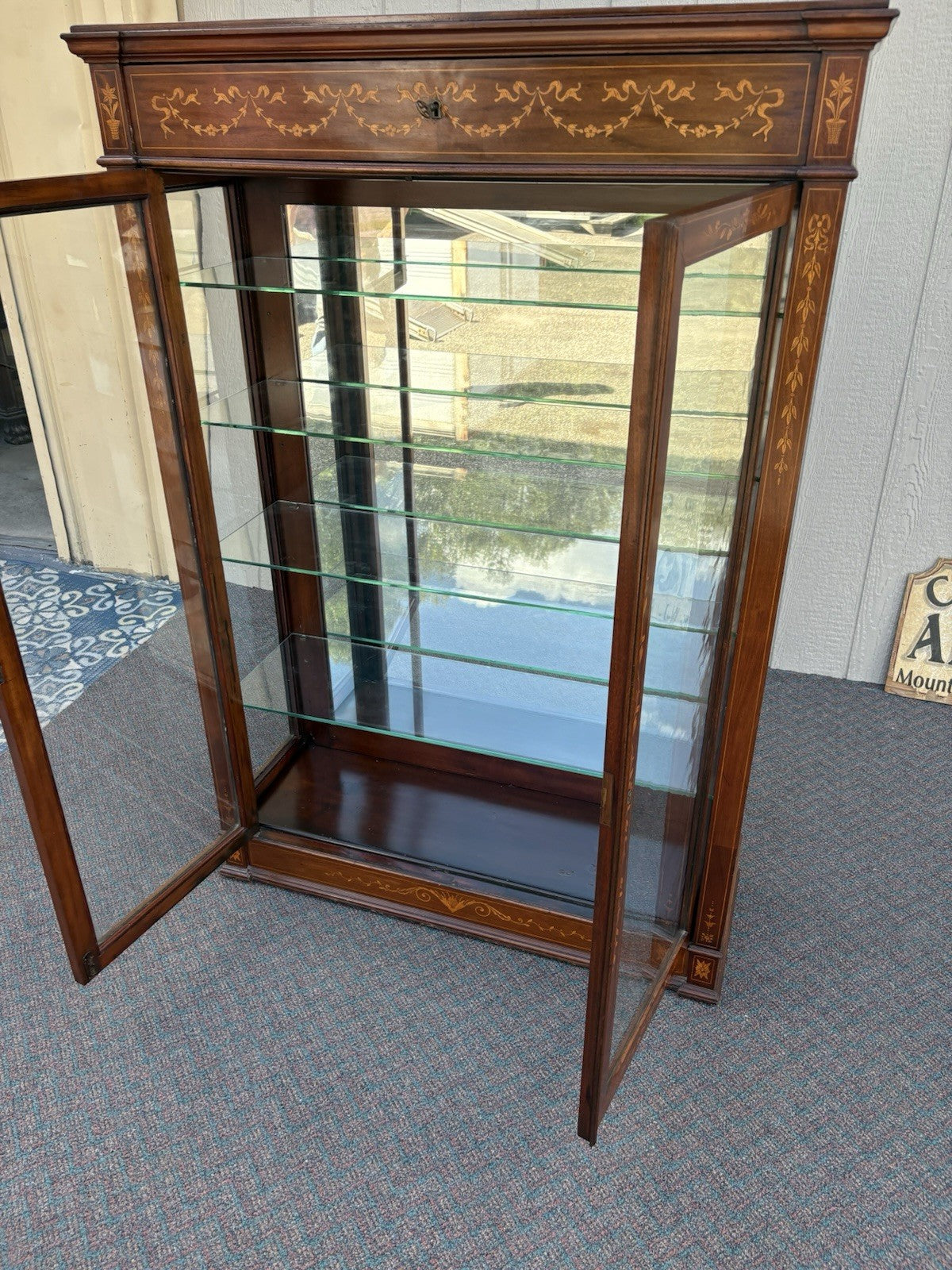 66973 Custom Hand Made Inlaid Mahogany Bookcase Curio Cabinet Etergie Drawer