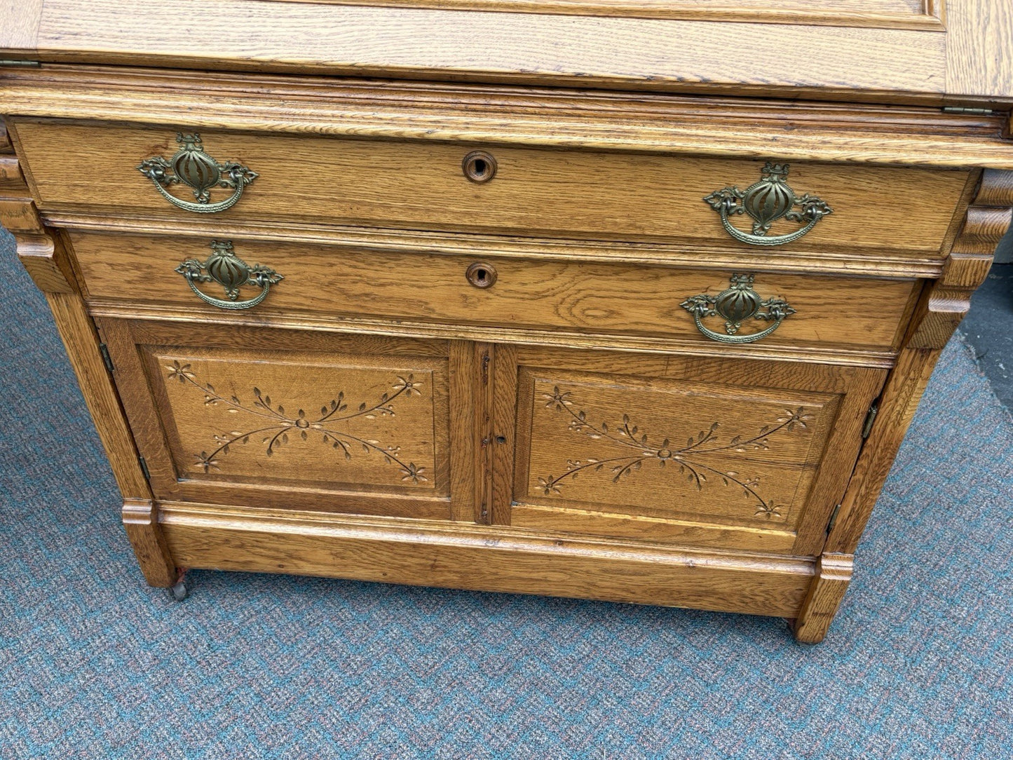 67028 Antique Victorian Oak Secretary Desk w/ Bookcase Top