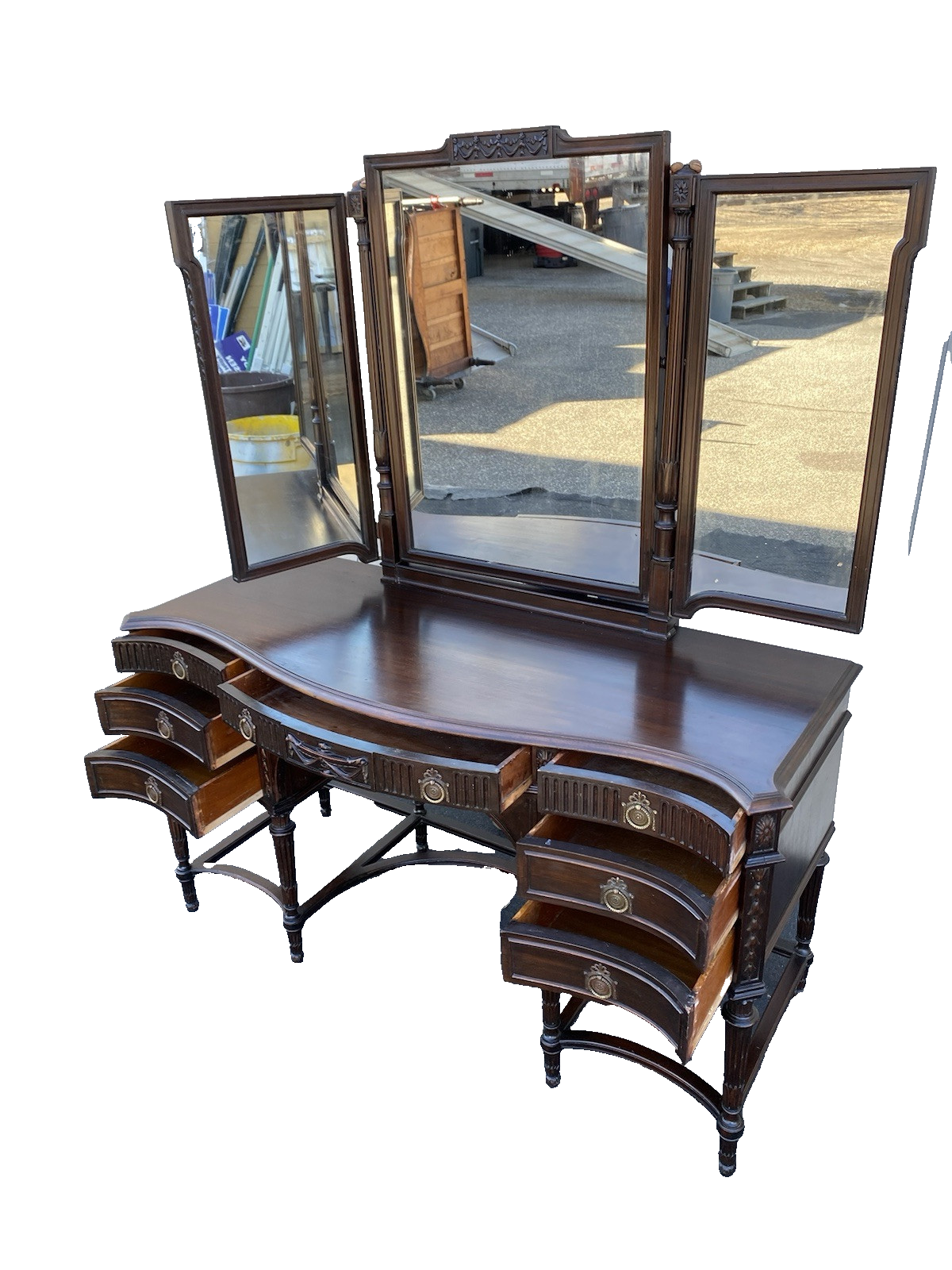 66340 Antique Mahogany Vanity Desk with Tri - Fold Mirror RARE FIND